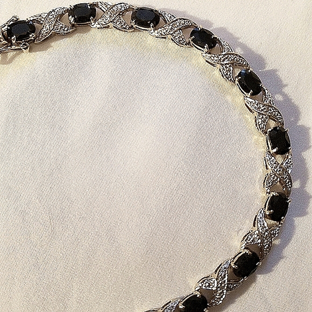 Diamond & Black Sapphires Bracelet  7 3/4"L  Safety Clasp
